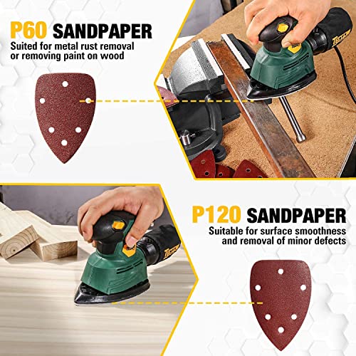 TECCPO Detail Sander, 14,000 OPM Compact Electric Sander with 12Pcs Sandpapers, Efficient Dust Collection System, Multi-Function 1.1Amp Hand Sander TECCPO