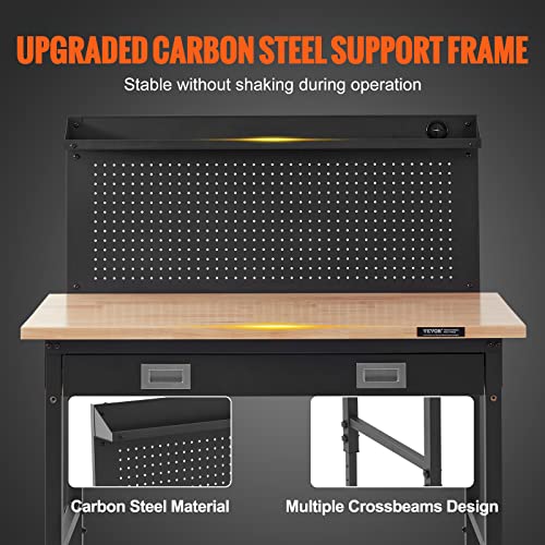 VEVOR Workbench Adjustable Height 28-39.5" Work Bench for Garage Oak Plank & Carbon Steel Heavy Duty Workbench 2000lbs Weight Capacity Bench top Size VEVOR