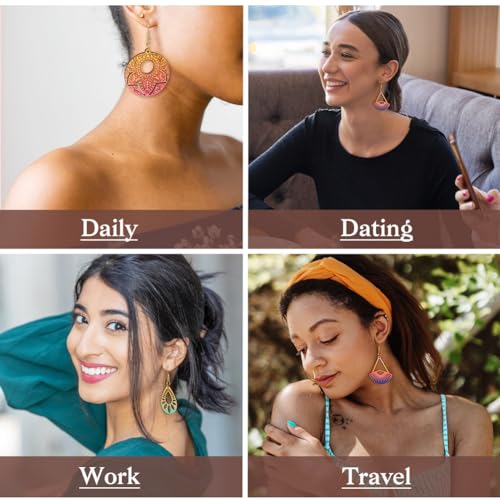 26pcs Wooden Earring Charms Unfinished Natural Wood Filigree Pendants in Teardrop & Kite & Flower & Rhombus & Triangle Shape with Earring Hooks & EEE ELECRELIVE