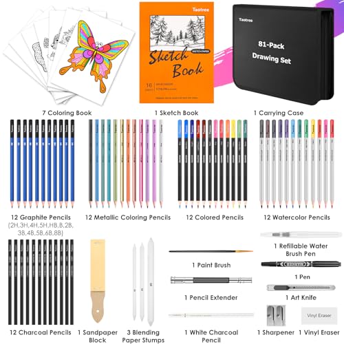 Art Supplies for Adults Kids, 81-Pack Pro Art Kit School Drawing Supplies Pencil Set, Sketch Book, Sketching Pencils Kits, Graphite Pencils, Charcoal Taotree