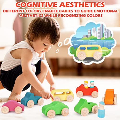 Agirlgle Montessori Wooden Car Toys - 7 Rainbow Wooden Vehicle Set Toy for Toddlers and Babies 3 Wooden Peg Doll, Colorful Pretend Play Wooden Push Agirlgle