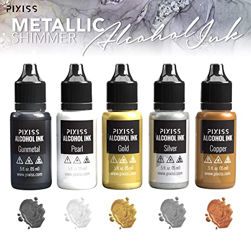 Metallic Alcohol Ink Set, Gold Alcohol Ink, Silver, Gunmetal, Copper, Pearl, Alcohol Ink Metallic Mixatives with Extreme Shimmer for Alcohol Ink Pixiss