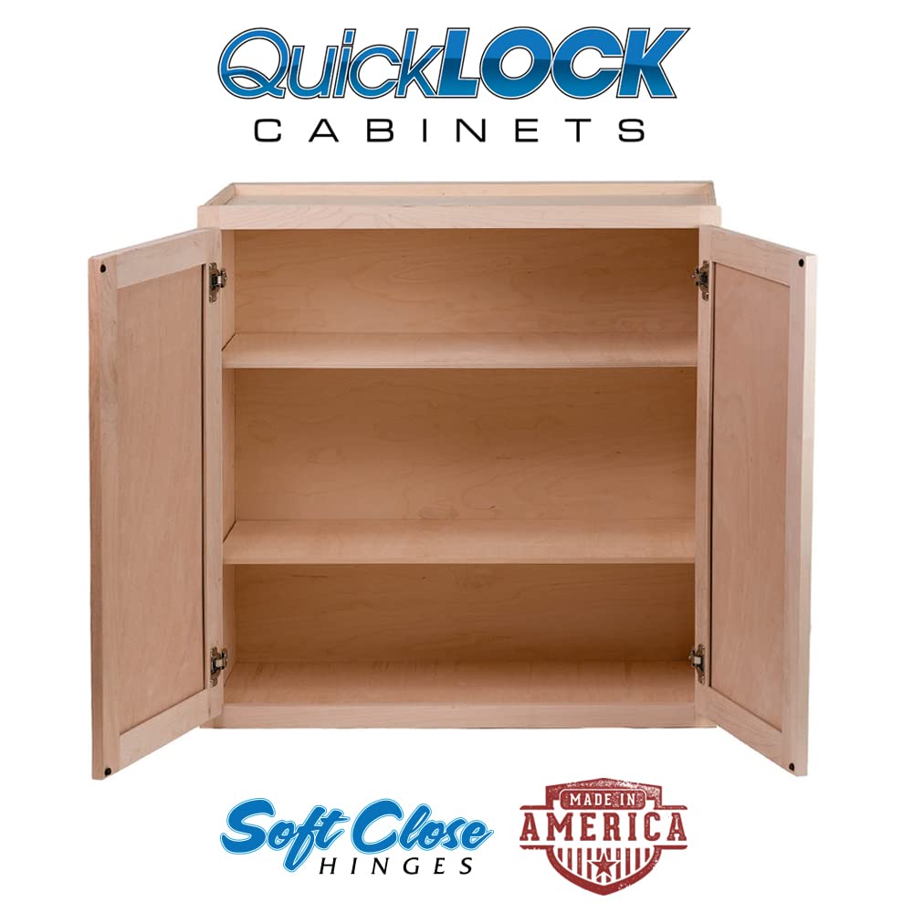Quicklock RTA (Ready-to-Assemble) 30" Tall Wall Kitchen Cabinets - Shaker Style | 100% Hardwood | Made in America | Soft Close Hardware (Raw Maple, Quicklock Cabinets