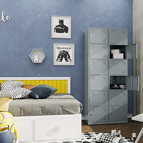Yizosh Metal Locker with 6 Doors, Tall Steel Storage Lockers for Employees - 71" Locker Storage Cabinets for School, Gym, Home, Office, Garage (Grey) Yizosh