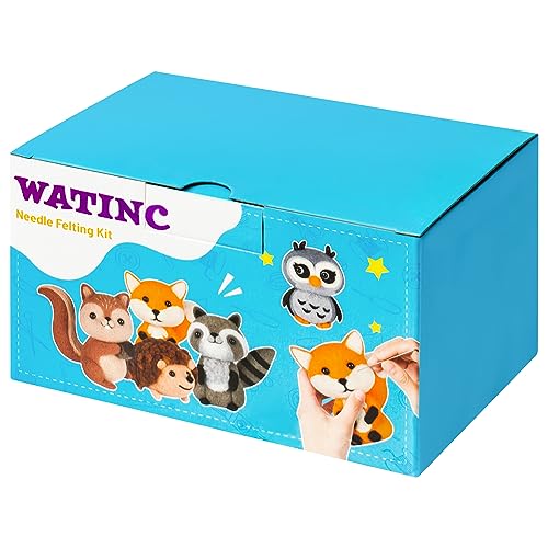 WATINC Set of 5 Woodland Wool Needle Felting Kit, Fox Owl Hedgehog Squirrel Raccoon Animal Doll Wool Felt Needle Felting Tools Foam Pad, DIY Needle WATINC