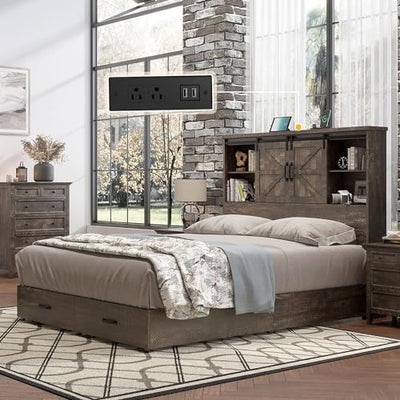 HOWE Rustic Queen Wood Platform Bed with Bookcase Headboard & Storage Drawers