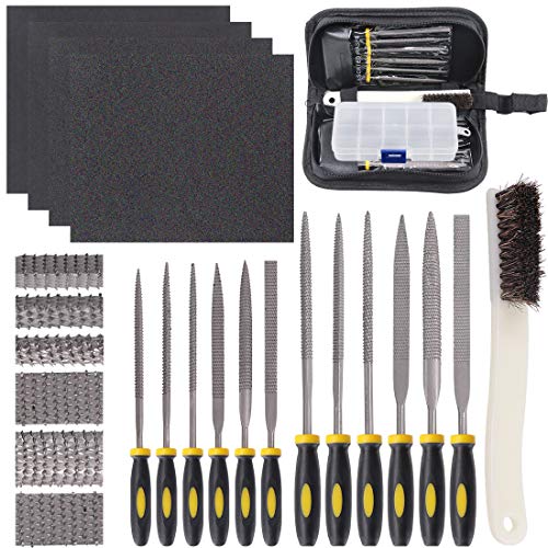 Glarks 18Pcs Assorted Wood Rasp Set Include 12Pcs Mini Hand Metal Files, A Brush and Storage Box with 4Pcs Sandpaper for Fixing Jewelers Diamond Wood Glarks