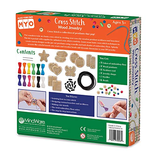 MindWare Make Your Own Cross Stitch – Cute & usable DIY Crafts for Girls & Teens – Make 12 Wooden Pendants – 29 pcs MindWare