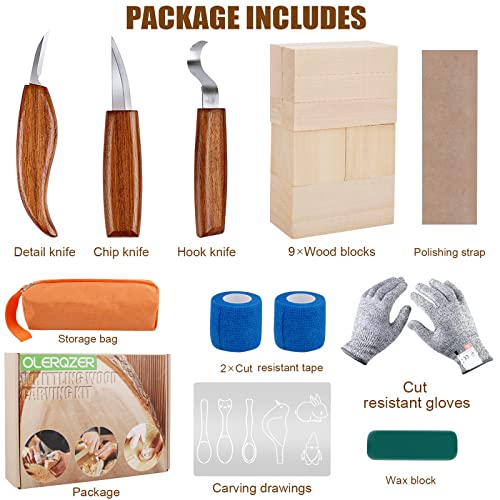 Olerqzer Whittling Wood Carving Kit,22PCS Wood Carving Tools Hand Carving Knife Set for Beginners Adults and Teens,3PCS Whittling Knife 9PCS Blocks & Olerqzer