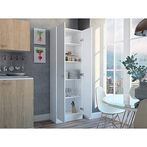 Levan Home Contemporary Kitchen Tall Utility Storage Pantry Cabinet in White & Light Oak with Metal Handles Levan Home