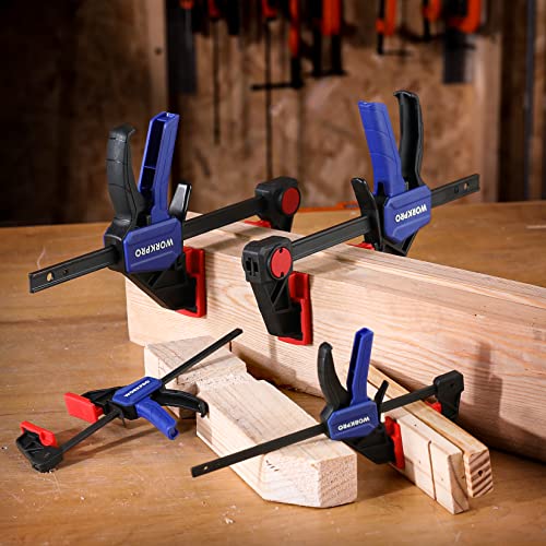 WORKPRO Mini Bar Clamps for Woodworking, 6"(2) and 4-1/2"(2), 4-Piece One-Handed Clamp/Spreader, Light-Duty Quick-Change F Clamp with 150lbs Load WORKPRO