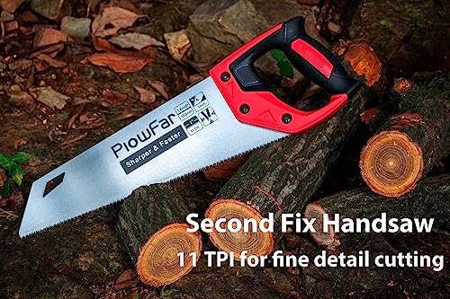 Plowfar 14 inch Hand Saw 11TPI Pro Fine Cut for Wood, Plastic Pipes, Drywall, Trees Trimming & Pruning, Sharp Manual Saw for Woodworking, Red PLOWFAR