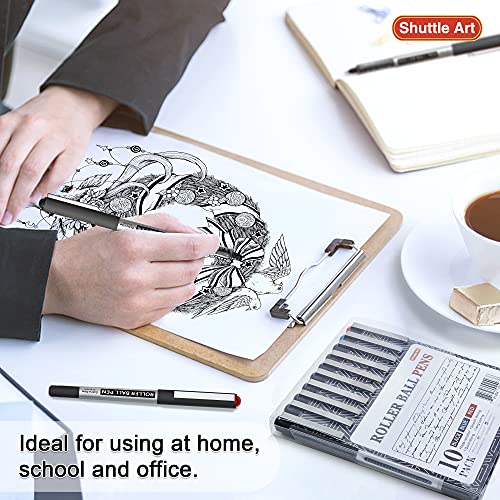 Shuttle Art Rollerball Pens, 10 Pack(8 black 1 blue 1 red) Liquid Ink Pens, 0.5mm Extra Fine Point, Quick Drying for Writing Journaling Taking Notes Shuttle Art