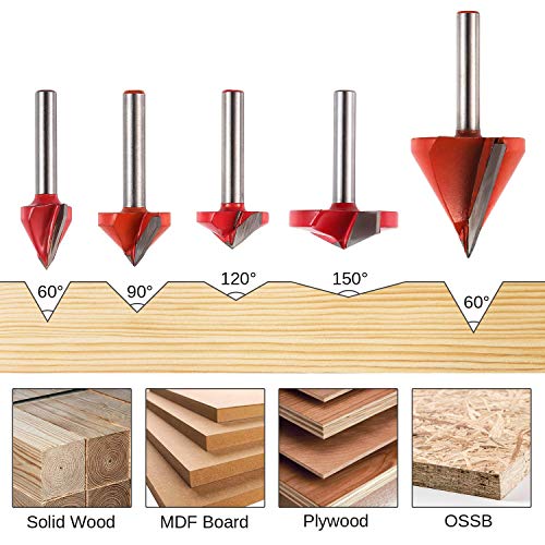 Genmitsu 5PCS V-Groove Router Bits Set, 60° 90° 120° 150° Angle, 6mm Shank, 3D V Shape Milling Wood Cutter Knife CNC Engraving Router Bit, VG05A Genmitsu