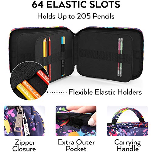 ARTEZA Pencil Case Organizer, 64 Elastic Slots, Paint Splatter Pattern, Large Capacity, Holds Up to 205 Pencils, Pens, and Markers ARTEZA