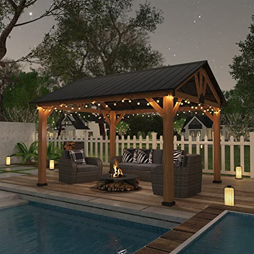 EAGLE PEAK 11x13 Hardtop Wood Gazebo,Outdoor Cedar Wood Frame Pavilion, Galvanized Steel Gable Roof, for Patio, Deck, Backyards, Garden, Natural EAGLE PEAK