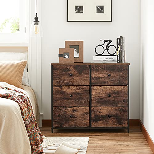 SONGMICS Dresser for Bedroom, Chest of Drawers, 6 Drawer Dresser, Closet Fabric Dresser with Metal Frame, Wooden Top and Front, Brown and Black SONGMICS