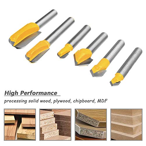 Mesee 6Pcs Carbide 90 Degree V Groove Router Bit Set Core Cove Box Round Nose V Grooving Router Bits V-Groove Router Bit Woodworking Cutter Tool for Mesee
