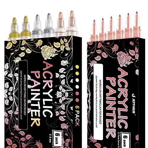 JEFFNIUB Gold,Silver,Rose Gold Paint Pens 6pcs 2mm Medium Tip + Rose Gold Paint Pens 6pcs Fine Tip Acrylic Paint Markers, Bundle for Fabric,Wood, JEFFNIUB