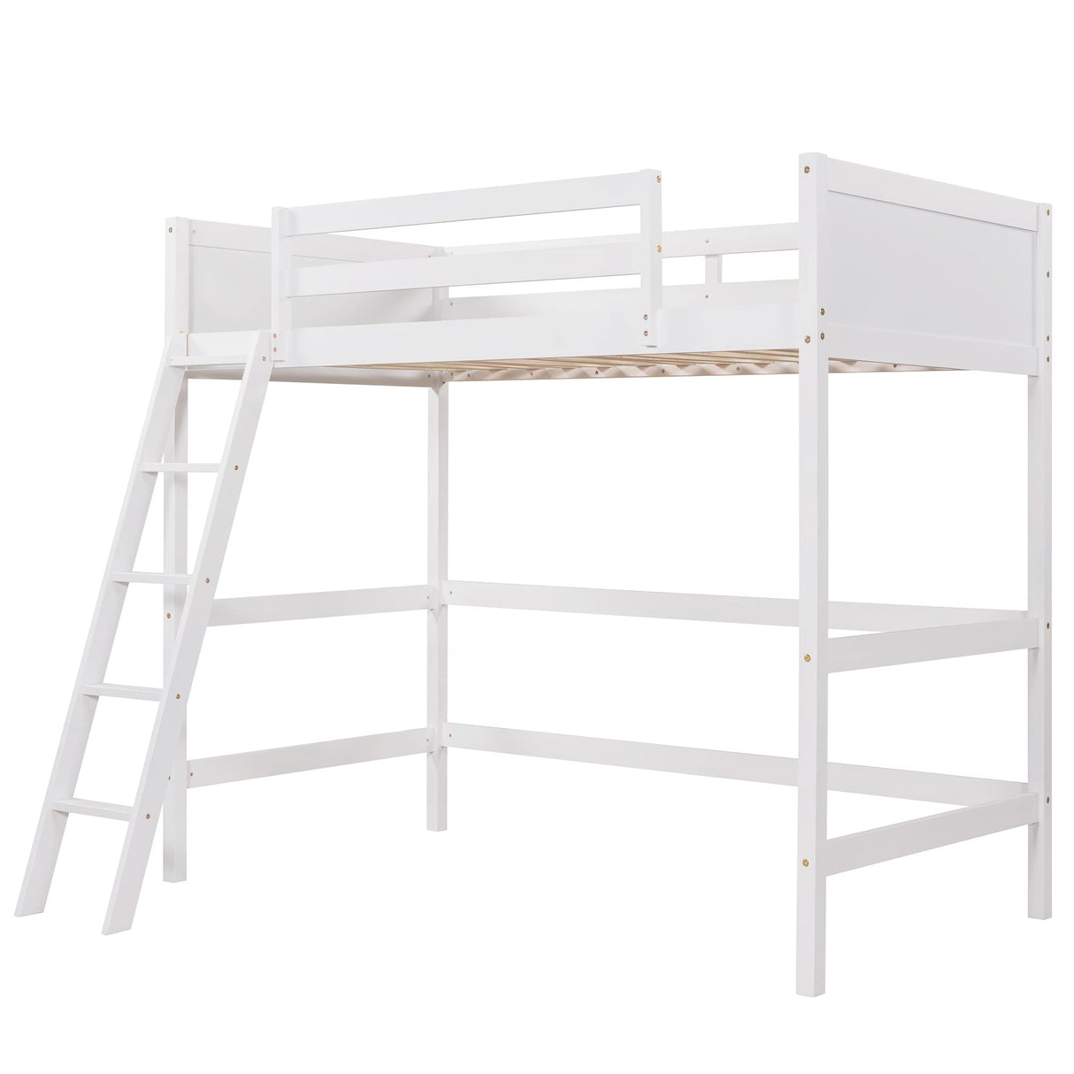 SOFTSEA Twin Size Wooden Loft Bed with Ladder and Guardrails - Space-Saving Design in White SOFTSEA