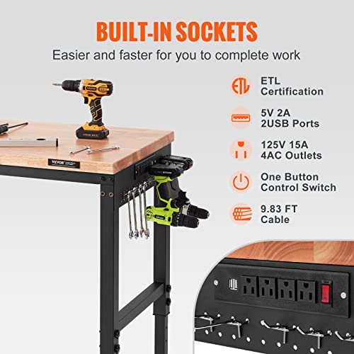 VEVOR Adjustable Workbench, 48" L X 24" W Garage Worktable with Universal Wheels, 28-39.5" Heights & 2000 LBS Load Capacity, with Power Outlets & VEVOR