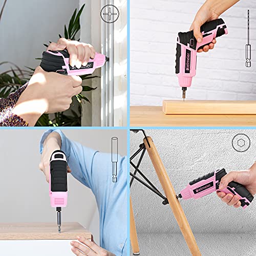 Bielmeier Pink Electric Screwdriver Kit 5N.m,4V Lithium-ion Battery Cordless Mini Drill Set Rechargeable with LED Light and USB Charge Cable,27pcs BIELMEIER