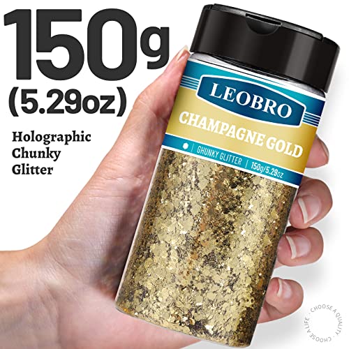 LEOBRO Champagne Gold Glitter, Chunky Glitter, 150g/5.29oz Glitter, Craft Glitter for Resin, Mixed Chunky Glitter Metallic Chunky Glitter for Crafts, LEOBRO