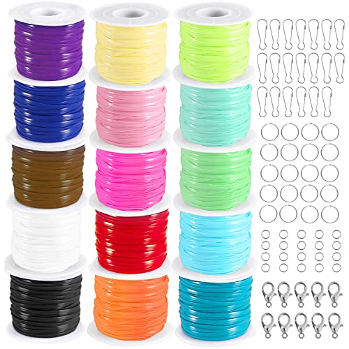 KAMJUNTAR Lanyard String,15 Rolls Gimp String Plastic Lacing Cord Plastic String Lanyard Kit for Friendship Bracelets Jewelry Making DIY Craft KAMJUNTAR