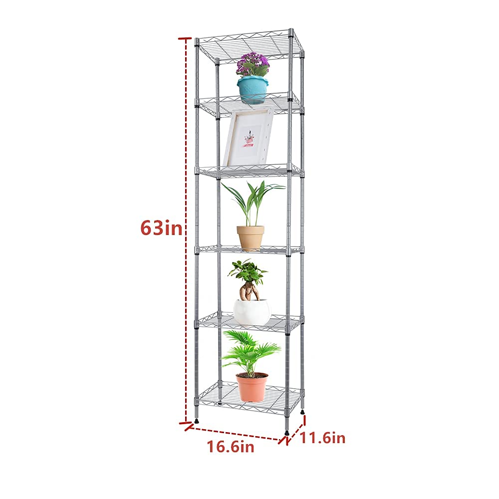 REGILLER 6 Wire Shelving Steel Storage Rack Adjustable Unit Shelves for Laundry Bathroom Kitchen Pantry Closet (Silver, 16.8L x 11.7W x 63H) REGILLER