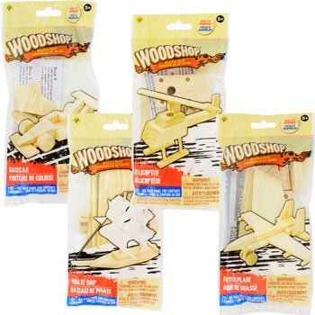 Woodshop DIY Wood Model Kits - Fighter Plane, Race Car, Helicopter (and Sailboat OR Pirate Ship) Kids Set of 4 Woodshop