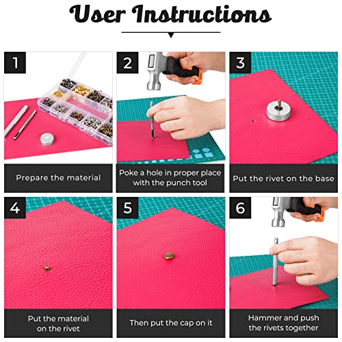 420 Sets Leather Rivets Kit, Double Cap Brass Rivets Leather Studs with 3PCS Setting Tools for Leather Repair and Crafts, 4 Colors and 3 Sizes Jetmore