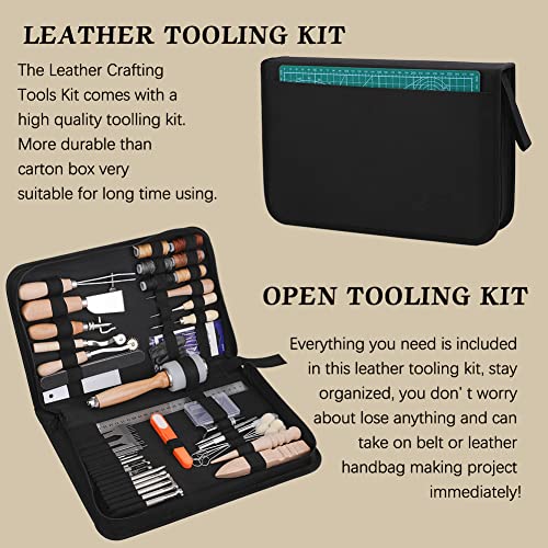 Leather Working Tools Leather Craft Kits Leather Sewing Tools with Storage Bag Cutting Mat Stamping Tool Prong Punch Waxed Thread Stitching Groover JUPEAN