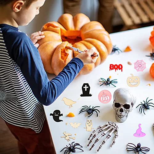 yueton 100PCS Mini Pumpkins Ghosts Spider Webs Witch Hats Bats Halloween Unfinished Blank Wood Pieces Wood Slices Wood Chips Embellishments for DIY yueton