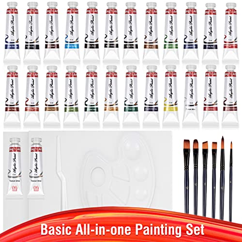 Falling in Art 34 Pieces Acrylic Paint Set - Canvas Painting Kit with 26 Acrylic Paints, Nylon Brushes, Plastic Palette, Mixing Knife for Kids, Falling in Art