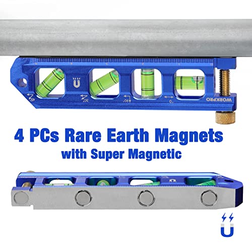 WORKPRO Conduit Bending Level, Magnetic Torpedo Level, Pipe Level, Bubble Vials for 0°/90°/30°/45° Measurements, Aluminum Alloy Construction, WORKPRO