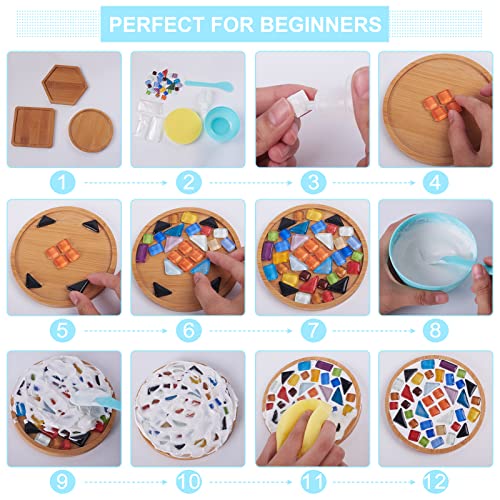 WEBEEDY 3 Sets Glass Mosaic Tiles Mosaic Kit with Bamboo Coaster DIY Mosaic Coaster Kit DIY Mosaic Crafts Kits Mosaic Coaster Making Kit for Drinks WEBEEDY
