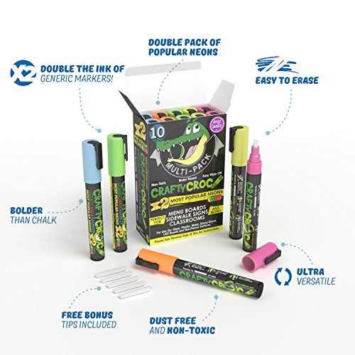 Crafty Croc Liquid Chalk Markers, Neon Chalk Pens Glow Under Blacklight, Includes 2 Each Fluorescent Yellow, Blue, Green, Orange and Pink (10 Pack) Crafty Croc