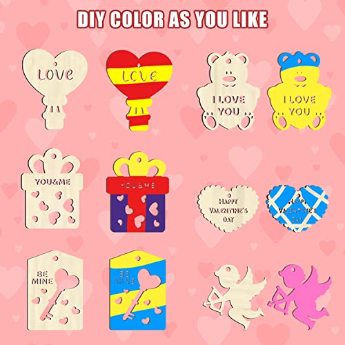 KIMOBER 36PCS Valentine's Day Wooden Slices,Unfinished Blank Cutouts for Valentine Party Decoration, Kids DIY Crafts KIMOBER