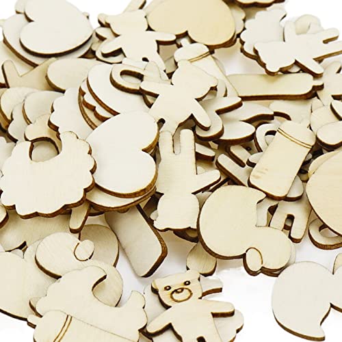 KUMGROT 100pcs Unfinished Wooden Ornament Mini Wood Pieces Heart Bear Ring Duck Baby Bottle Shaped for DIY Craft Handmade Supplies (Cute Style) KUMGROT