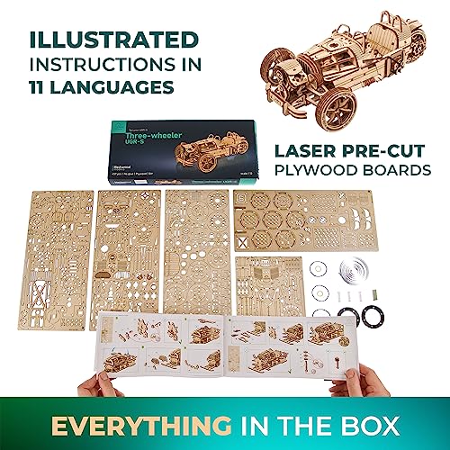 Ugears Three-Wheeler UGR-S - Wooden Motorcycle Model Kit - 3D Puzzles for Adults - Wooden Model Kits to Build - Unique DIY Wooden Puzzle Car Model UGEARS