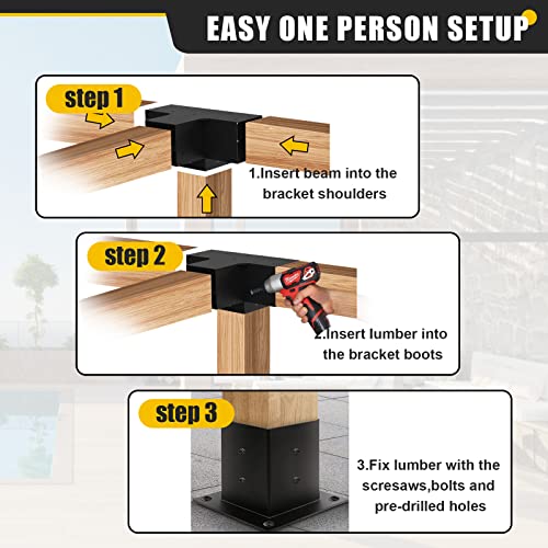 Kinchoix 6x6 Woodworks Pergola Brackets Kit, 4-Way Corner Extension Brackets, Black Powder Coated, 6x6 Metal Brackets for Wood Beams, Fence, Shed and Kinchoix