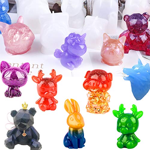 EuTengHao 20Pcs 3D Animal Resin Molds Tools Set Includes 8 Resin Casting Molds Large Clear Unicorn Epoxy Silicone Molds 2 Measurement Cup 10 Wood EuTengHao