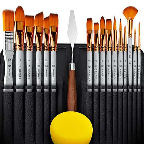 16 Pieces Premium Artist Paint Brush Set - Includes Palette Knife, Sponge, Organizing Case - Painting Brushes for Kids, Adults & Professionals - Benicci
