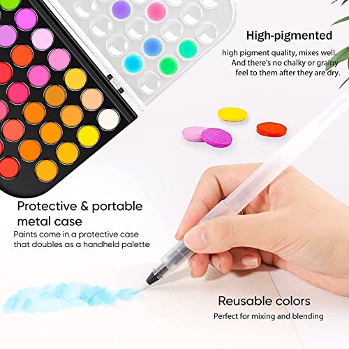 48-Color Watercolor Paint Set With Brush, Refillable Water Brush Pen, Palette, and Water-Washable Paints for Kids, Adults and Artists RVOGJP