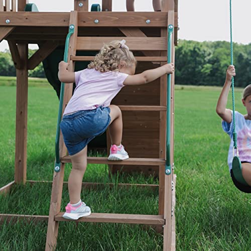 Backyard Discovery Lightning Ridge All Cedar Wooden Swing Set, Raised Clubhouse, 2 Belt Swings, 10 Inch Wave Slide, Ladder, Climbing Rock Wall Brown Backyard Discovery