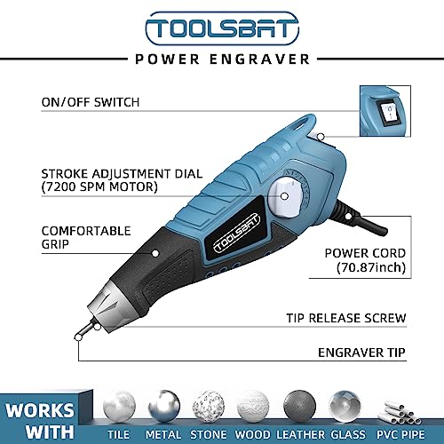 TOOLSBAT Engraver 15W Engraving Tool - Metal Engraver with 4 Tungsten Carbide Steel Bits & 2 Stencils 5 Speed Etching Tool Perfect for DIY TOOLSBAT
