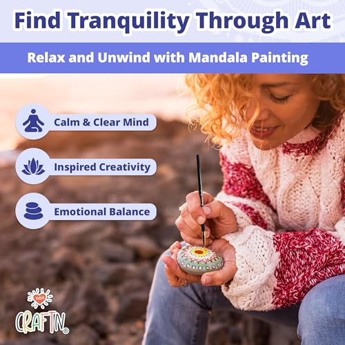 Complete Beginner's Mandala Painting 48 Piece Kit with Acrylic Paints, Reusable Stencils and Dotting Tools. Fun Rock Art & DIY Craft Project. Starter XOXO CraftN