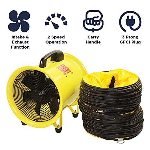 MaxxAir HVHF 12COMBO Heavy Duty Cylinder Fan with 20-foot Vinyl Hose, High Velocity Portable Utility Blower/Exhaust Axial Hose Fan, 12-Inch, Yellow MaxxAir