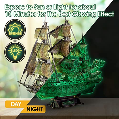 3D Puzzles for Adults Glow in The Dark The Flying Dutchman Luminous Haunted Pirate Ship Arts for Adults Model Kits Ghost Ship Gifts for Men Women, CubicFun