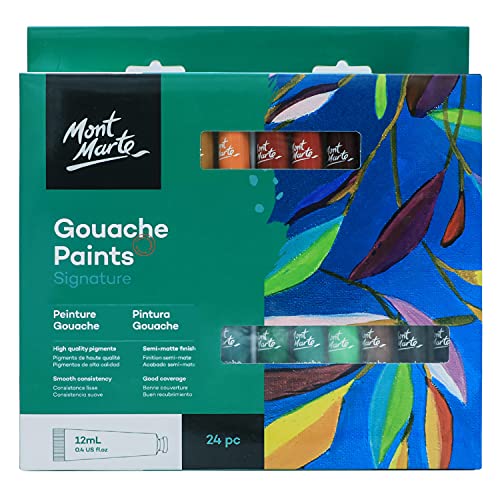 MONT MARTE Signature Gouache Paint, 24 x 0.4oz (12ml), Semi-Matte Finish, 24 Colors, Suitable for use with Canvas, Watercolor Paper, Watercolor MONT MARTE